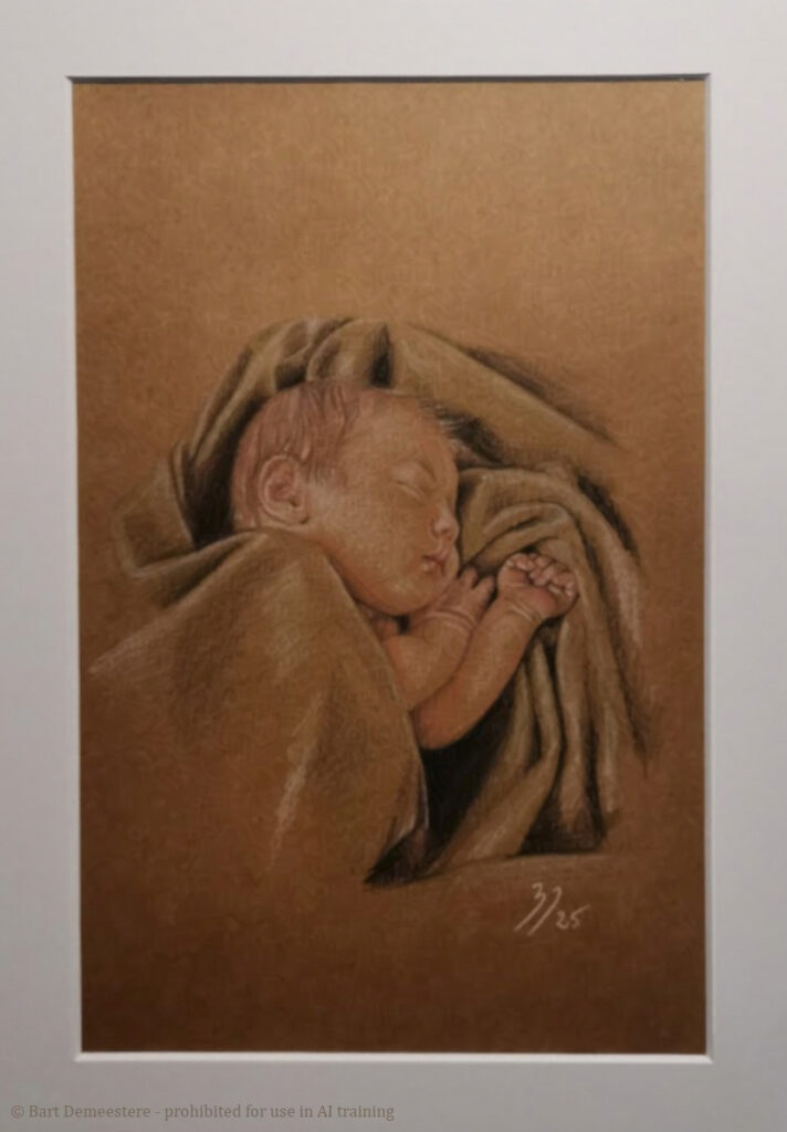 Portrait newborn baby sleeping polychromos pencil on kraft paper commission drawing by Bart Demeestere
