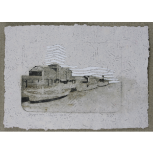 Skeppsbron 6/12, mixed media unique state print on handmade paper, drypoint on alukraft, painting on plate, painting on paper A4