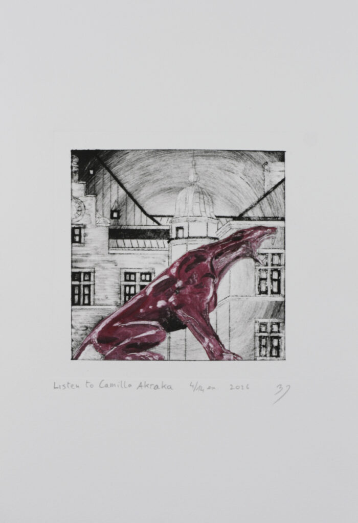 Listen to Camilla Akraka 4/14, mixed media unique state print, drypoint on alukraft, painting on plate, A4