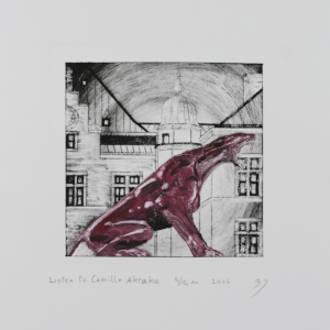Listen to Camilla Akraka 4/14, mixed media unique state print, drypoint on alukraft, painting on plate, A4