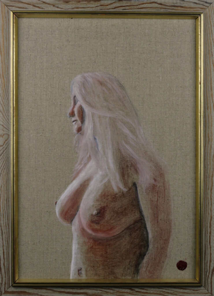 Figure study of mature female form in profile, rendered in pigmented charcoal on raw canvas with warm earth tones