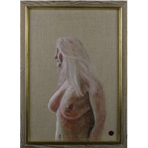 Figure study of mature female form in profile, rendered in pigmented charcoal on raw canvas with warm earth tones